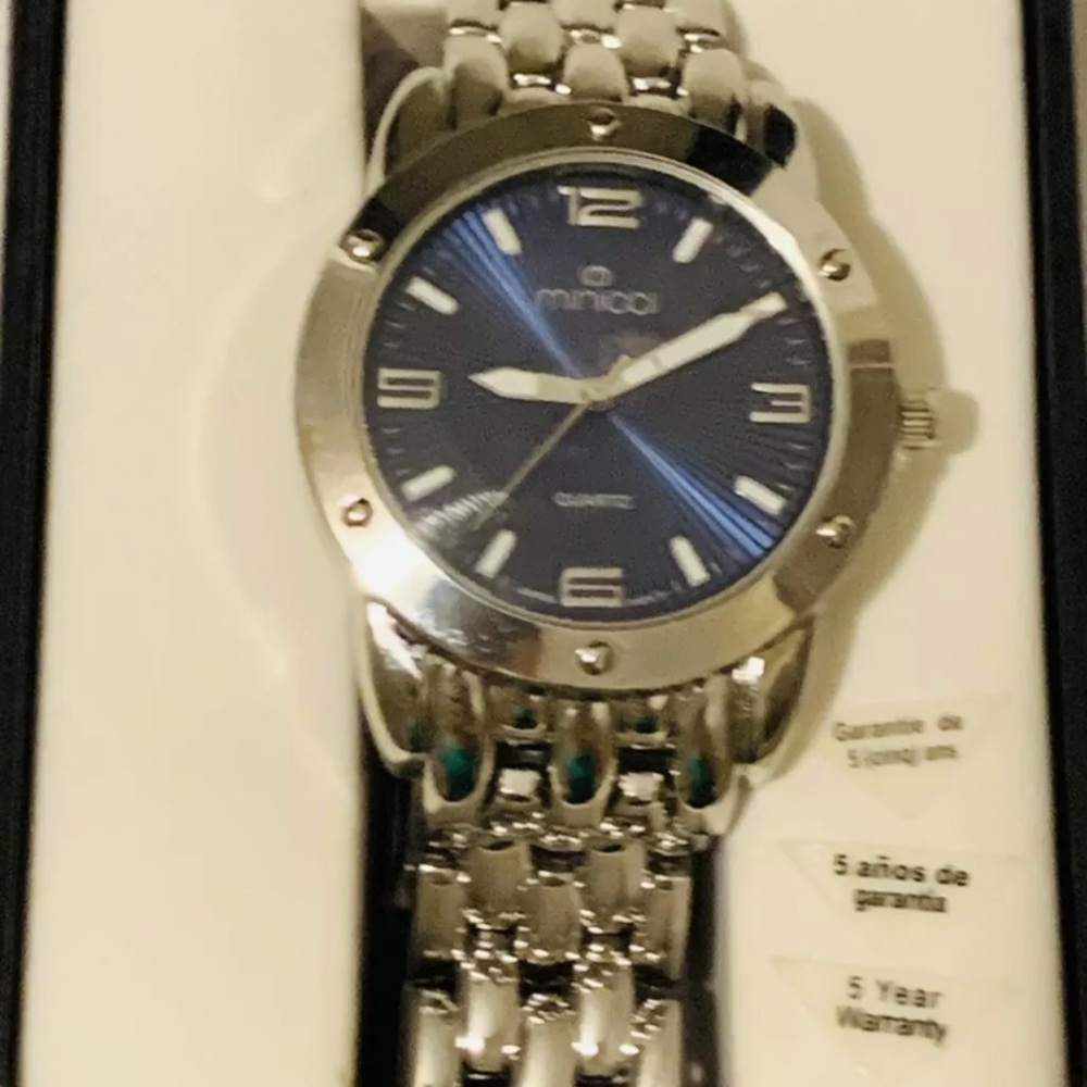 New Minicci Stainless Steel Mens Wrist Watch Dark Blue Quartz Face Engineer Band